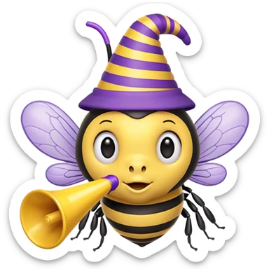 a Bee with purle Birthday Hat, Bee blowing party horn sticker