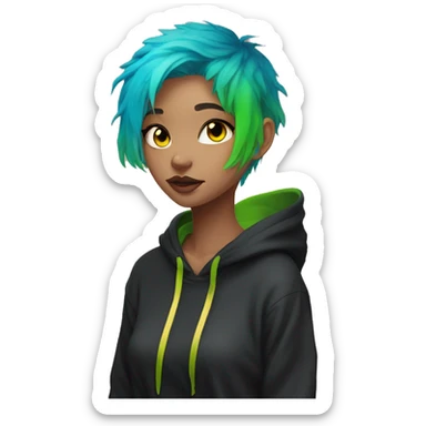 Lady with brunette and iridescent blue hair, gold, lime green dragon wings, black hoodie, bleach dyed, black and gold Nike t shirt, and bright red eyes sticker