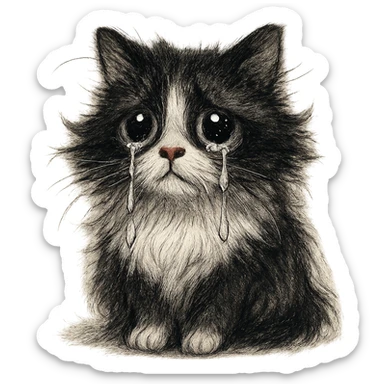 a fluffy black and white cat with big teary eyes, unique style sticker