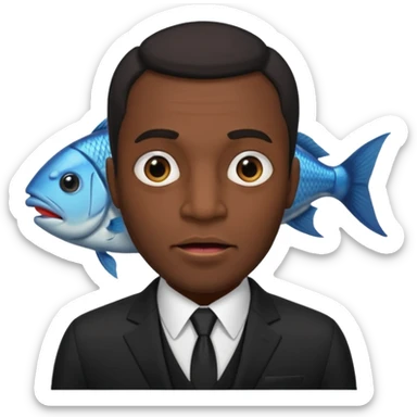 A man dressed in a black suit. His face is that of a fish — therefore, he has NO human face!! The fish’s face is positioned vertically, meaning its mouth is facing upward. Ok? sticker