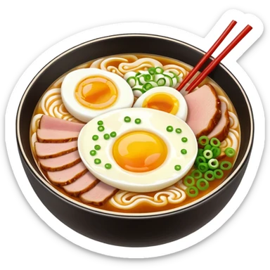 Create a realistic ramen bowl with broth, egg, pork slices & toppings. sticker