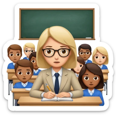 exhausted teacher in a bustling classroom sticker
