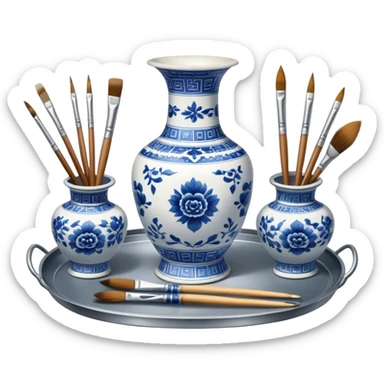 Metal painting icon, a metal vase with intricate designs in Gzhel and Chinese embroidery styles, placed on a metal tray, 3 paintbrushes beside it, minimalistic style, clean lines, transparent background. sticker