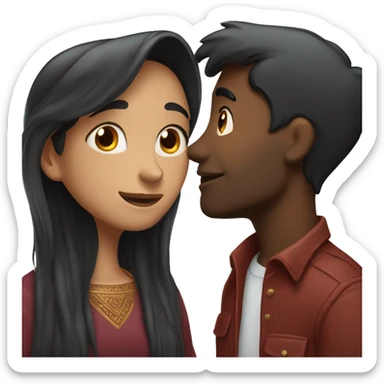 face to face hugging between a 30 years old white russian black long hair girl and a 35 years old indian maroon boy with black hair sticker