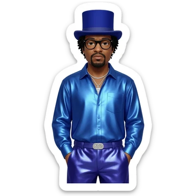 Flavor Flav with black hair, indigo top hat, black glasses, indigo metallic shirt, indigo metallic baggy pants, silver necklace sticker