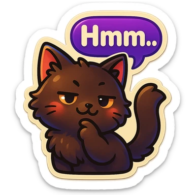 a dark-brown fluffy cute kawaii anime cat thinking smirking thoughtfully, saying “Hmm..” with a purple speech bubble sticker