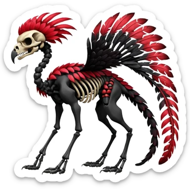 Rare realistic dark edgy tropical tribal patterned red-feathered skeletal badass epic handsome gorgeous aesthetic colorful vibrant black-skulled Vernid-Trico-species-Fakemon-creature by LiLaiRa, 4 legs, 1 tail, random markings, (full body) sticker