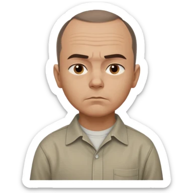 Carl from Sling Blade, serious expression, very detailed features,very recognizable features, chin sticking out, slouching posture, no glasses, shirt with collar,show his entire body, he is standing. three-quarter face angle view. He sticks his head forward. less apple style emoji.  sticker