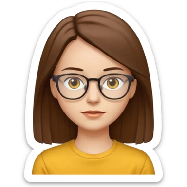 Hawaii female with white skin. Shoulder length straight brown hair. Brown eyes with glasses. Female wearing yellow shirt. sticker