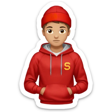 make me an emoji of an americain 19 yearold boy in a red hoodie that says "south" on it and give him with tan skin with his hands in his hands in his pocket not grining flexing his muscles sticker