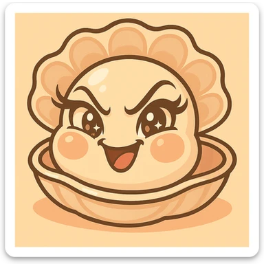 Enhance the contrasts of the image further while maintaining the very mischievous expression, very expressive and luminous eyes, elegant eyelashes, and the pastel toon style. Accentuate the pastel, pearly, cream, peach, and greige nuances strongly. Keep the big shell, the small oyster, and the background as is. sticker