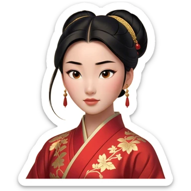 Cinematic Realistic Noble Mulan Portrait, depicted with lifelike, warm light-toned skin that reveals subtle texture and natural shadows. Her sleek black hair is intricately styled into a traditional bun with every strand rendered in exquisite detail, and her almond-shaped eyes, full of quiet resolve, are softly illuminated. She wears a meticulously detailed traditional robe with delicate red and gold accents, its rich fabric textures and gentle folds catching the light beautifully. The portrait radiates a natural, enchanting glow, capturing Mulan’s inner strength and timeless grace in a realistically painterly style. sticker