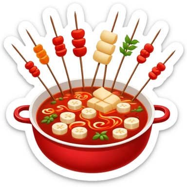 Spicy Hot Pot Skewers Malatang with various ingredients in red broth, simplified emoji style with bold outlines and bright colors, cartoon style Chinese street food bowl sticker