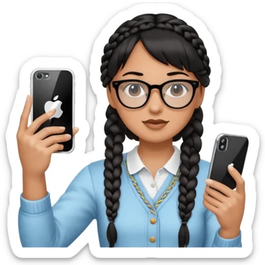 Black hair is braided to one side, braided to the left, and bangs, wearing horn-rimmed glasses, holding an iPhone white color and taking a mirror selfie so that Apple logo comes out sticker