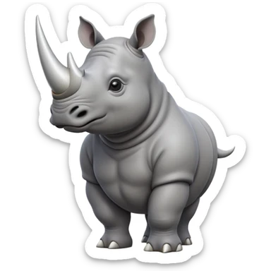 cinematic-rhino-full-body-standing-emoji,white horn, slate grey skin -massive-body-poised-powerfully,-thick-horn-curving-slightly-forward,-head-tilted-dramatically,-rough-grey-hide-covered-in-dust,-simplified-focused-features, large cute black eyes sticker