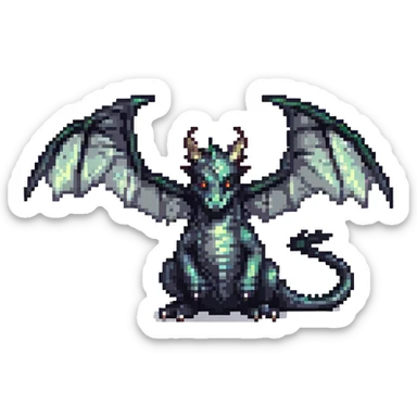 Make the wings even bigger on this black dragon with two medium horns, keep pixel art style and no background. sticker