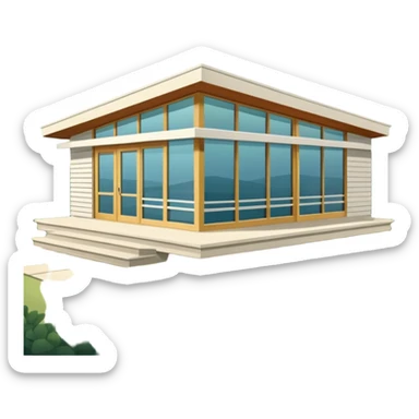 midcentury modern house with 1000 sqft and all windows and a sliding windows on corner. With overhanging shade and slats. sticker