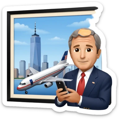  emoji of the world trade center with a plane crashed into it and george bush on a phone in front of them sticker