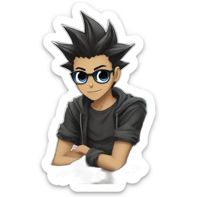 developer behind his laptop with this style :  yu-gi-oh manga anime with hacker themed character sticker