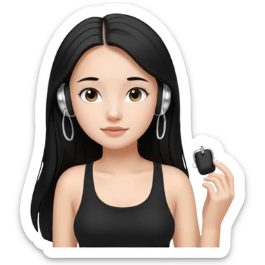 a fair girl with straight black long hair, wearing a black cami top. and wearing silver airpods max headphones on sticker
