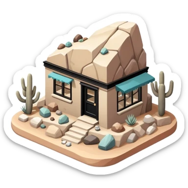 Isometric exterior little black, beige, and white southwestern desert rock and gem shop, dollhouse style 3D realistic  sticker
