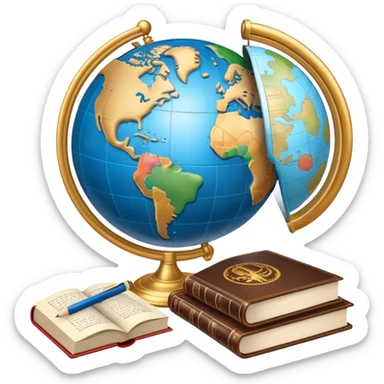 An icon featuring a globe with speech bubbles in different languages, symbolizing the study of foreign languages. The design includes a book and a pencil, representing learning and communication across cultures. Transparent background highlights the global nature of language education. sticker