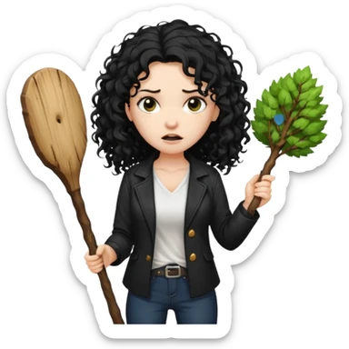 Hey, please generate me an emoji that depicts a woman white skin long black curly disheveled hair slightly thicker, she is wearing a white T-shirt and a black unbuttoned jacket she is furious she is holding a large wooden stick from a tree in her hands sticker
