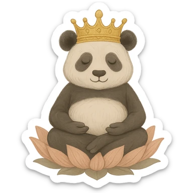 Add a crown to the panda sitting on the lotus, maintaining the serene and harmonious style. Remove the background to isolate the subject. Keep the serene and harmonious atmosphere of the original image. sticker