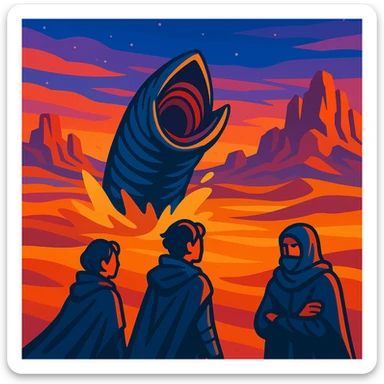 Desert planet Arrakis from Dune, sandworm bursting from sand in the midground, three people in the foreground, rock formations behind, dusk sky, in a vibrant toon style sticker