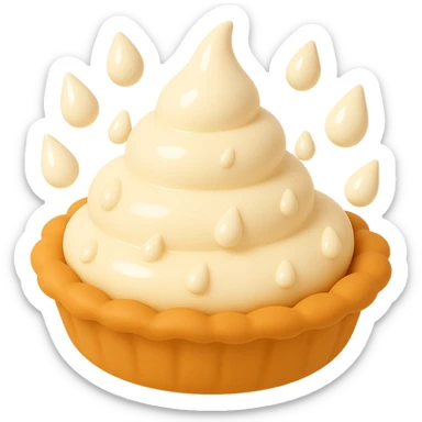 Frame 8 of 15: Cream pie with seven cream droplets, playful 3D emoji style, golden brown crust, same angle as reference sticker