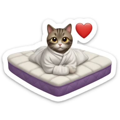 cat in robe on a heart shaped mattress  sticker