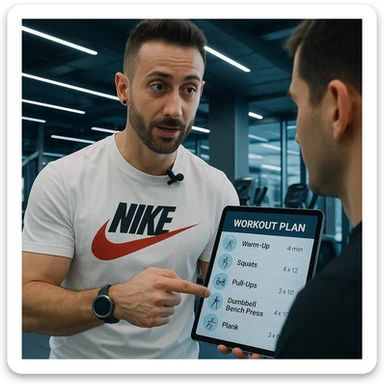 Personal trainer in a gym, inspired by the person in the reference photo, showing a digital workout plan to a client, in a technological and modern environment. sticker
