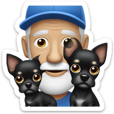 Old man with blue eyes goatee beard ball cap holding cute black long fur Chihuahua sticker