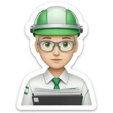 cyborg bookkeeper with green accountant visor holding spreadsheets sticker