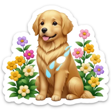 A Golden Retriever sitting in a blooming flower garden, sunlight highlighting its shiny golden fur. Gentle expression, realistic photography, warm color tones. sticker
