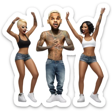 Hyper Realistic Chris Brown on stage singing with 2 female tattooed dancers sticker