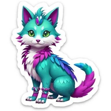 Kawaii cute colorful iridescent deep-dark-turquoise-green and magenta and white beautiful pretty elegant divine edgy feline-vernid-sergal-Fakémon-Pokémon-fursona-animal-creature with accessories, full body, with intricate detailed markings, feathers sticker