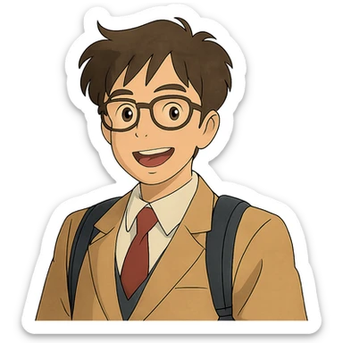 universitario sonriente con gafas, estilo ghibli sticker