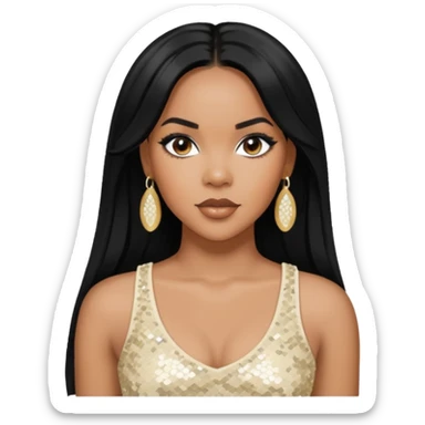 LeToya Luckett with long black hair, ivory sequin crop top, ivory earring sticker