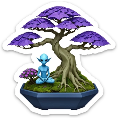 Futuristic wild glowing et alien moss maples Bonsai hair-fine-leaf group multi faceted intricate crystal boxwood Darth Vaderpurple and cream rose blue informal rocky cliffhanger eight trees forest planting in shallow origami slab style pot with big anthropomorphic feet  sticker