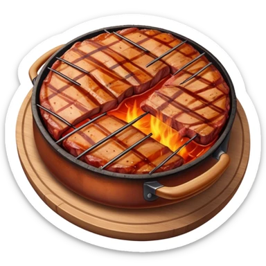 A cinematically realistic emoji with a barbecue dish, depicted as marinated meat, grilled to perfection, with a rich smoky texture and dynamic mouth-watering lighting. sticker