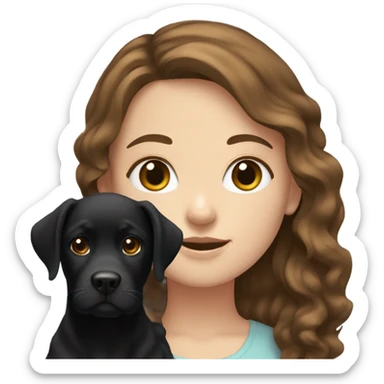White girl with wavy brown hair holding a black Labrador sticker