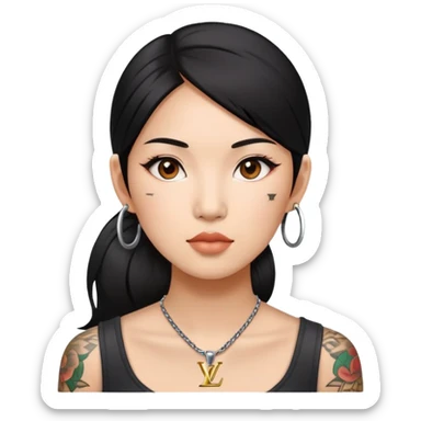 Asian woman with LV tattoo on left cheek sticker