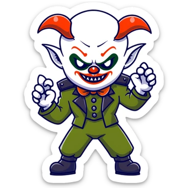 evil clown warrior, bald, short horns on forehead, fangs, pointed ears, black and military green leisure suit, battle-ready fighting posture sticker