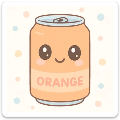 cute orange soda can with a smiling face, bright colors, kawaii style sticker