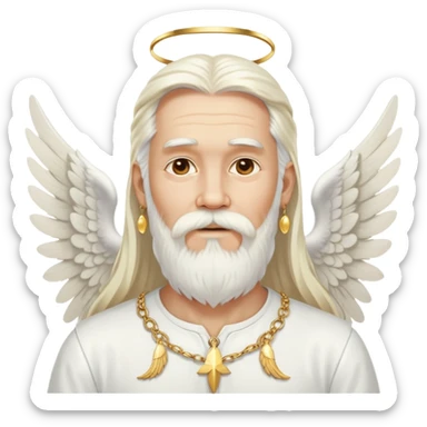 God, man with long white hair, beard and white mustache, white angel wings on his back, gold earrings hanging from ears sticker