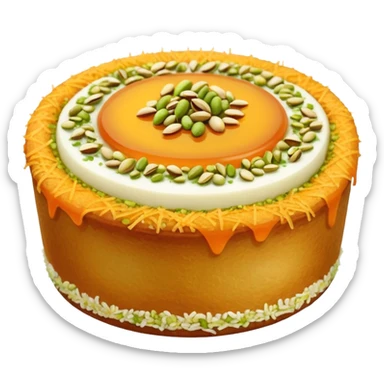 A small round emoji of traditional kanafeh with golden-orange crispy threads, a gooey white cheese center, and a light sprinkle of green pistachios. Warm and delicious-looking. sticker