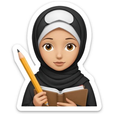 a girl wearing a hijab, holding a pencil and sketchbook, looking creative, Apple emoji style sticker