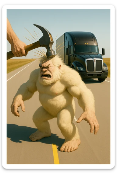 Change to a side view: show the black 2026 Kenworth W680 flat top semi sleeper far behind the abominable snowman, hammer actively hitting the snowman, light and realistic style, no text. sticker