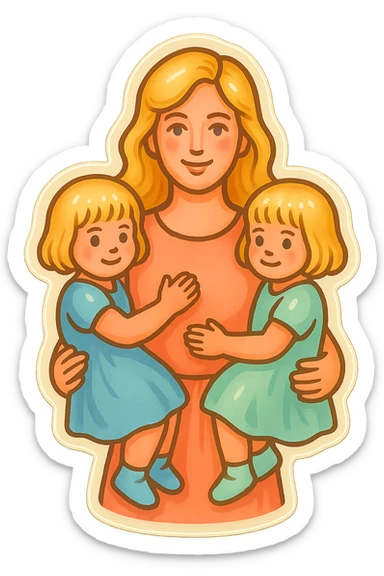 mom with long light hair and two twin girls with short light hair on arms, pastel dresses, gentle colors, retro stickers style, soft light, different compositions sticker